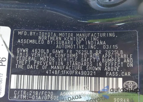 2015 Toyota Camry Le z USA, uszkodzony, nr VIN 4T4BF1FK0FR490321